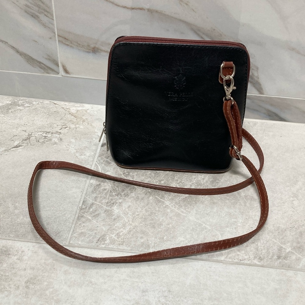 Black Leather Crossbody Bag with Brown Strap from Italy